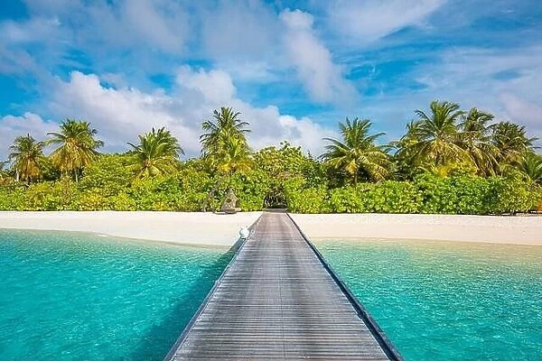Maldives island, luxury resort, wooden pier into paradise beach. Beautiful sky and clouds palm trees background for summer vacation holiday, traveling