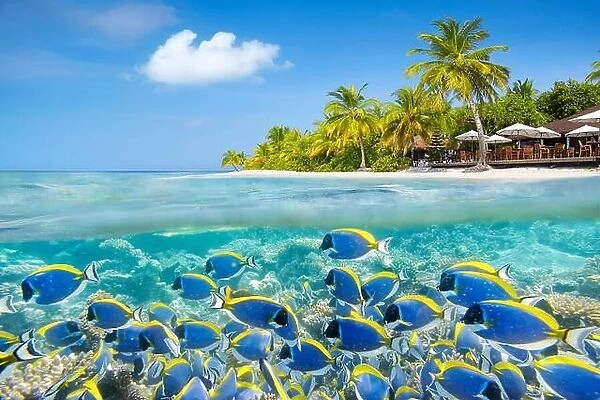 Maldives Island - underwater view with shoal of fish and reef