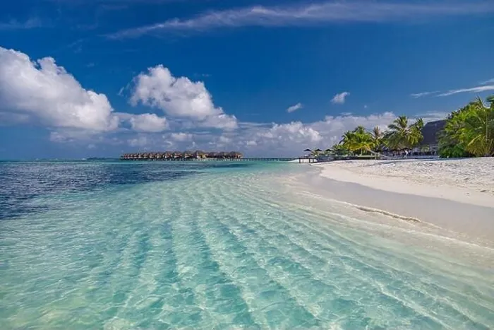 Framed Print : Maldives paradise beach. Perfect tropical island. Beautiful palm trees tropical beach. Moody blue sea sky blue lagoon. Luxury travel summer holiday