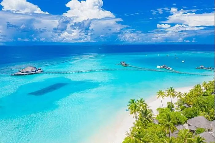 Framed Print : Maldives paradise scenery. Tropical aerial landscape, seascape with long jetty water villas with amazing sea and lagoon beach, tropical nature. Exotic Framed Print : Maldives paradise scenery. Tropical aerial landscape, seascape with long jetty water villas with amazing sea and lagoon beach, tropical nature. Exotic