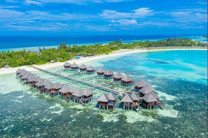 Framed Print : Maldives paradise scenery. Tropical aerial landscape, seascape with long jetty water villas with amazing sea and lagoon beach, tropical nature. Exotic Framed Print : Maldives paradise scenery. Tropical aerial landscape, seascape with long jetty water villas with amazing sea and lagoon beach, tropical nature. Exotic
