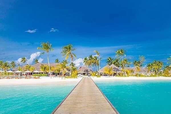 Maldives paradise scenery. Tropical landscape, seascape with long jetty, water villas with amazing sea lagoon beach, tropical nature summer vacation