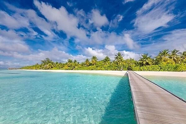Maldives resort bridge jetty. Beautiful sunny landscape with palms and blue lagoon. Amazing summer travel destination, vacation holiday beach scenery