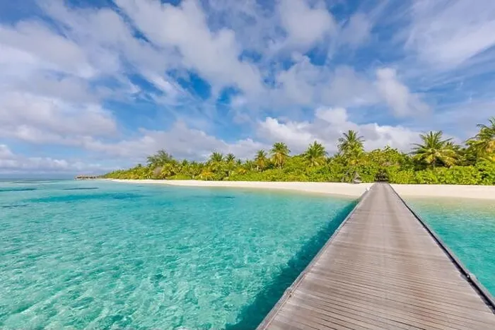 Framed Print : Maldives resort bridge jetty. Beautiful sunny landscape with palms and blue lagoon. Amazing summer travel destination, vacation holiday beach scenery Framed Print : Maldives resort bridge jetty. Beautiful sunny landscape with palms and blue lagoon. Amazing summer travel destination, vacation holiday beach scenery