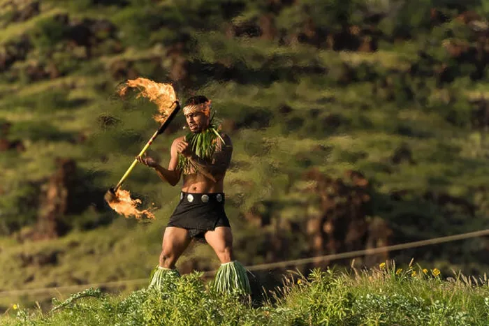 Framed Print : Male fire dancer performing with fire levi stick