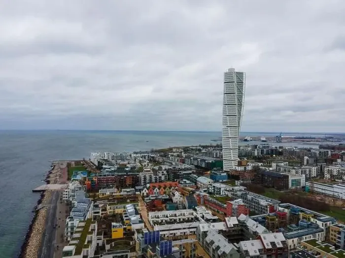 Framed Print : Malmö, Sweden - 28 12 2020: Areal view of the Turning Torso Framed Print : Malmö, Sweden - 28 12 2020: Areal view of the Turning Torso