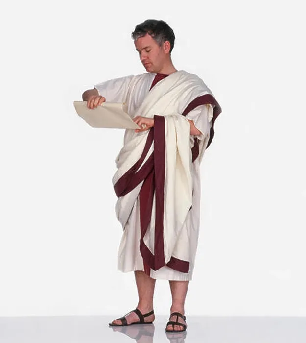 Framed Print : Man dressed as Roman citizen wearing toga and holding scroll of paper Framed Print : Man dressed as Roman citizen wearing toga and holding scroll of paper