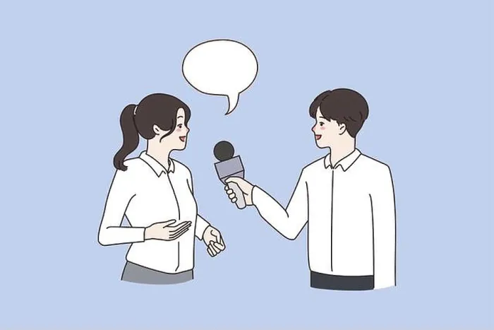 Framed Print : Man hold microphone speak interview smiling woman Framed Print : Man hold microphone speak interview smiling woman