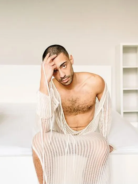 Framed Print : Man, Nude, Transparent dress, Bed, Sitting, View camera Framed Print : Man, Nude, Transparent dress, Bed, Sitting, View camera