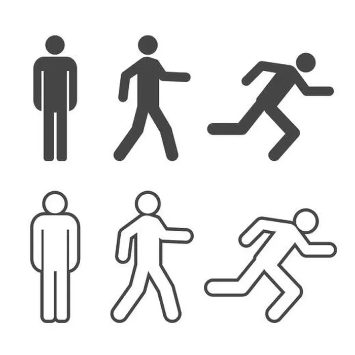 Framed Print : Man stands, walk and run silhouette and outline icon set
