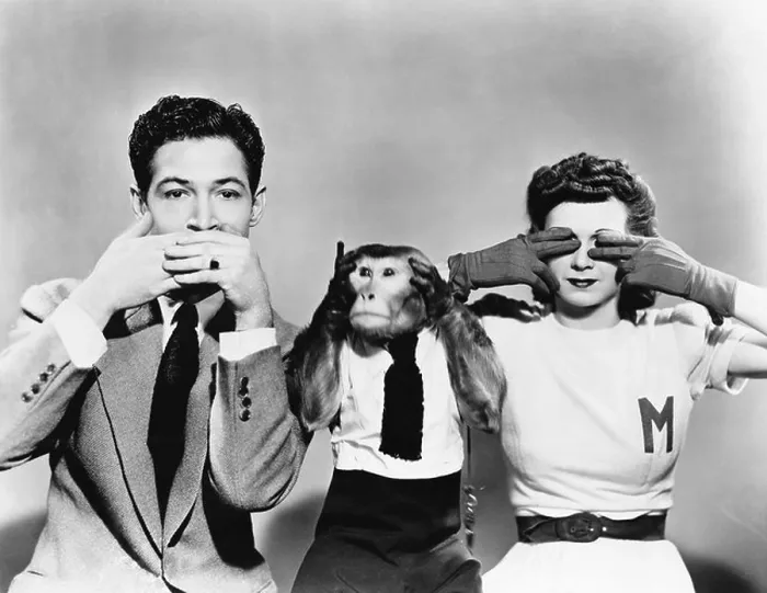 Framed Print : Man, woman and a monkey depicting See No Evil, Speak No Evil, Hear No Evil Framed Print : Man, woman and a monkey depicting See No Evil, Speak No Evil, Hear No Evil