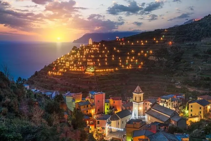 Framed Print : Manarola, Italy in the Cinque Terre Region during Christmas season with illumination at dusk Framed Print : Manarola, Italy in the Cinque Terre Region during Christmas season with illumination at dusk