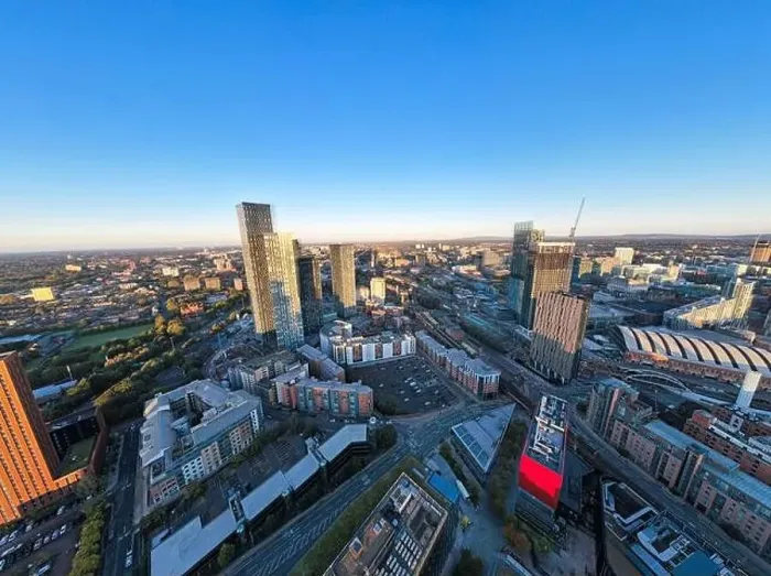 Framed Print : Manchester City Centre Drone Aerial View Above Building Work Skyline Construction Blue Sky 2023 Deansgate Framed Print : Manchester City Centre Drone Aerial View Above Building Work Skyline Construction Blue Sky 2023 Deansgate