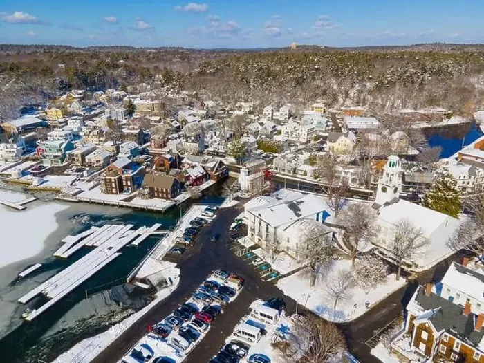 Framed Print : Manchester historic town center and harbor aerial view including First Congregational Church and Town Hall in winter Framed Print : Manchester historic town center and harbor aerial view including First Congregational Church and Town Hall in winter