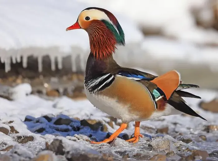 Framed Print : Mandarin duck portrait in winter, Quebec, Canada Framed Print : Mandarin duck portrait in winter, Quebec, Canada
