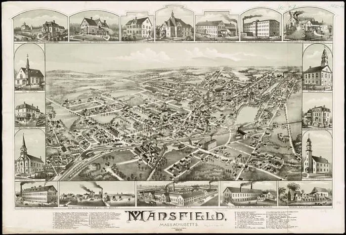 Framed Print : Mansfield, Massachusetts : 1888, Mansfield Mass. : Town, Aerial views Norman B. Leventhal Map Center Collection Framed Print : Mansfield, Massachusetts : 1888, Mansfield Mass. : Town, Aerial views Norman B. Leventhal Map Center Collection