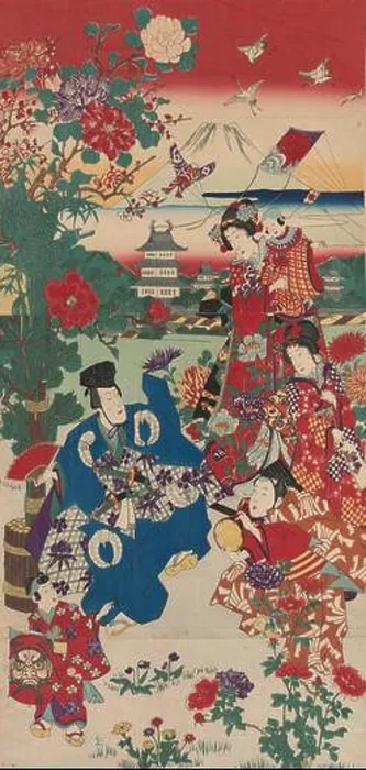 Framed Print : Two Manzai Dancers and Kite Flying Women and Children at the New Year Framed Print : Two Manzai Dancers and Kite Flying Women and Children at the New Year