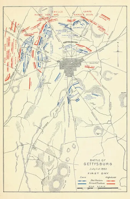 Framed Print : Map of Battle of Gettysburg, First Day, July 1, 1863 Framed Print : Map of Battle of Gettysburg, First Day, July 1, 1863