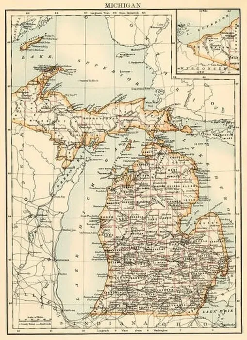 Framed Print : Map of Michigan, 1870s. Color lithograph Framed Print : Map of Michigan, 1870s. Color lithograph