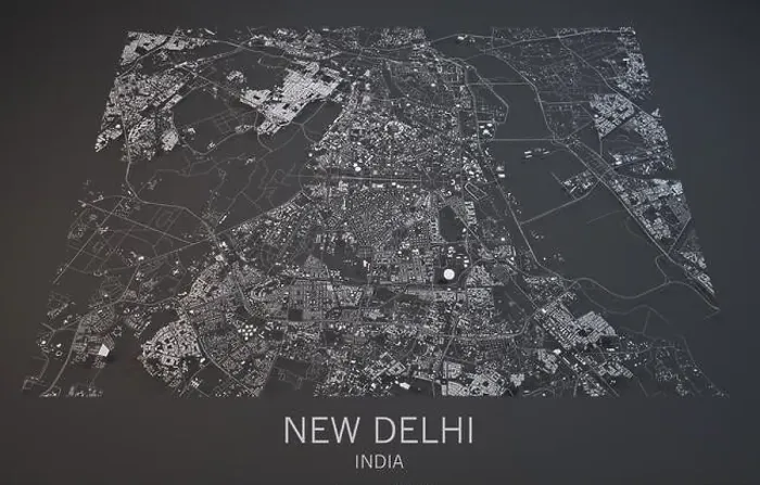 Framed Print : Map of New Delhi, India, satellite view map in 3d. Black and white Framed Print : Map of New Delhi, India, satellite view map in 3d. Black and white