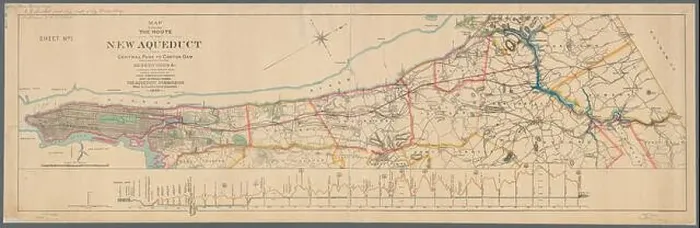 Framed Print : Map showing the route of the new aqueduct from Central Park to Croton Dam: together with proposed reservoirs