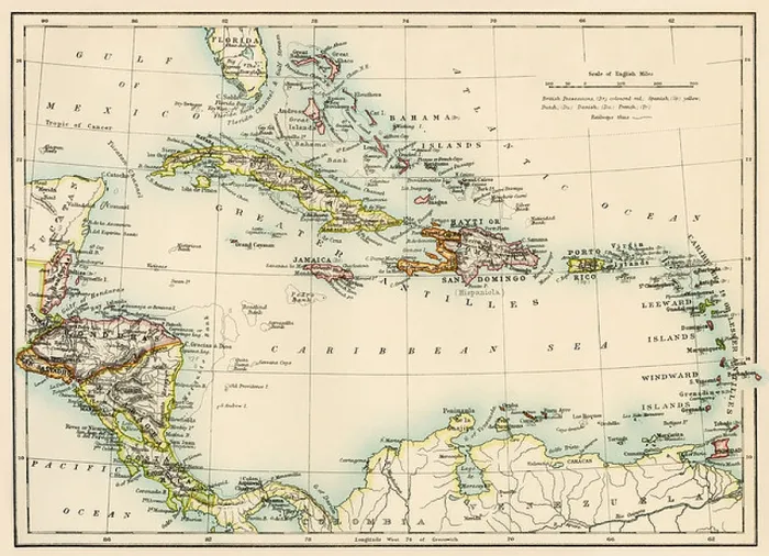 Framed Print : Map of the West Indies and the Caribbean Sea, 1800s. Color lithograph Framed Print : Map of the West Indies and the Caribbean Sea, 1800s. Color lithograph
