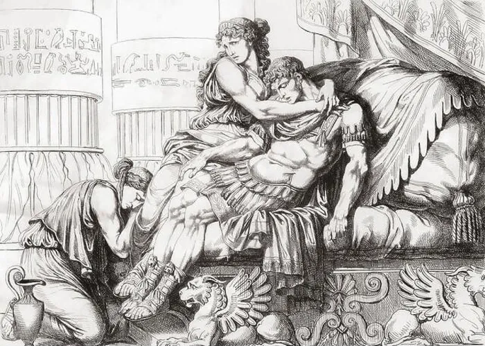 Framed Print : Marc Antony dies in Cleopatra's arms after stabbing himself with his sword Framed Print : Marc Antony dies in Cleopatra's arms after stabbing himself with his sword