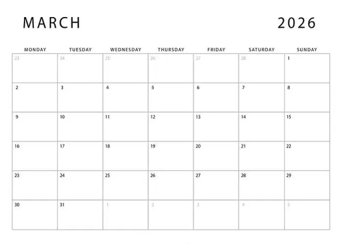 Framed Print : March 2026 calendar. Monthly planner template. Monday start. Vector design Framed Print : March 2026 calendar. Monthly planner template. Monday start. Vector design