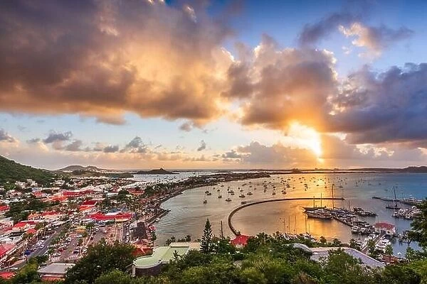 Marigot, St. Martin town skyline in the Caribbean at dusk