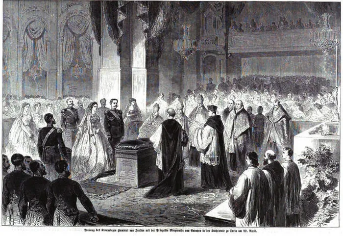 Framed Print : The marriage of King Umberto I of Italy to Margherita of Savoy is depicted in this painting Framed Print : The marriage of King Umberto I of Italy to Margherita of Savoy is depicted in this painting