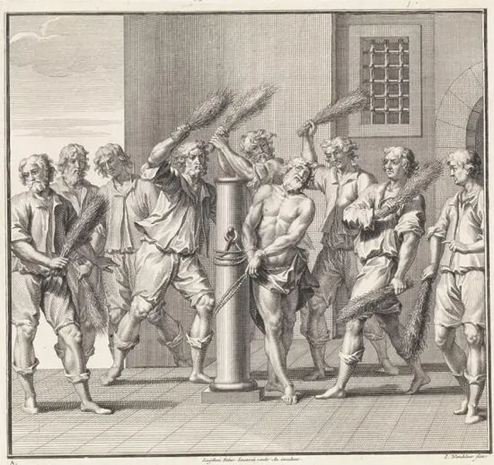Framed Print : A martyr (Christ?) is tied to a column and flogged by men with faggots Framed Print : A martyr (Christ?) is tied to a column and flogged by men with faggots