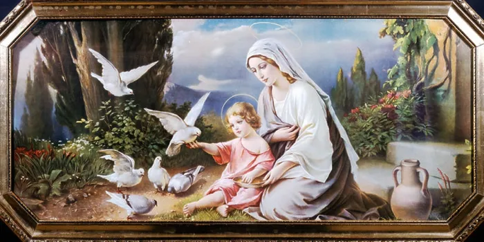 Framed Print : Mary with baby Jesus and doves, print, around 1900, in private hands Framed Print : Mary with baby Jesus and doves, print, around 1900, in private hands