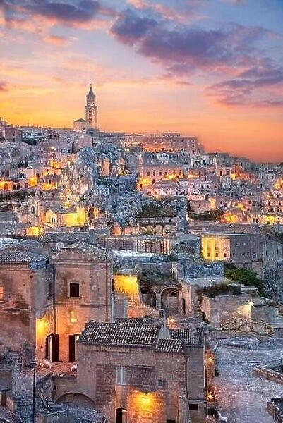 Matera. Cityscape aerial image of medieval city of Matera, Italy during beautiful sunset