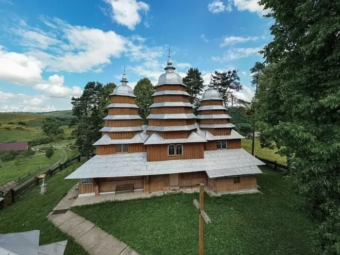 Framed Print : Matkiv, Ukraine - July 21, 2021: Aerial view on ancient wooden Church of Synaxis of the Holy Mother of God in Matkiv Framed Print : Matkiv, Ukraine - July 21, 2021: Aerial view on ancient wooden Church of Synaxis of the Holy Mother of God in Matkiv