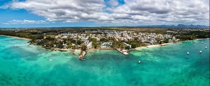 Framed Print : Mauritius beach aerial view of Mont Choisy beach in Grand Baie Framed Print : Mauritius beach aerial view of Mont Choisy beach in Grand Baie