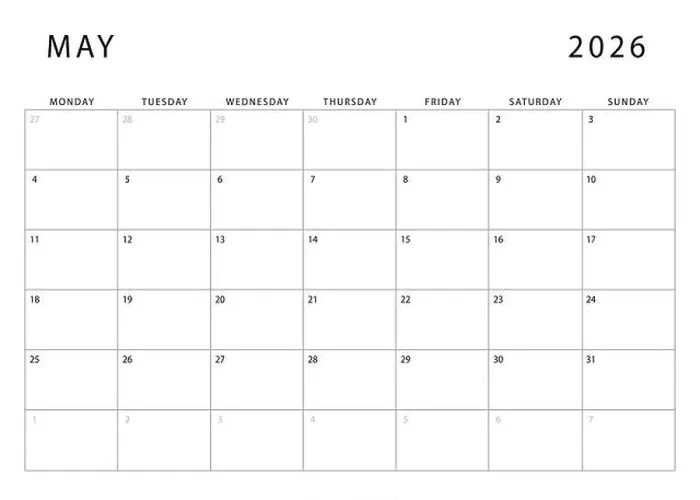 Framed Print : May 2026 calendar. Monthly planner template. Monday start. Vector design Framed Print : May 2026 calendar. Monthly planner template. Monday start. Vector design