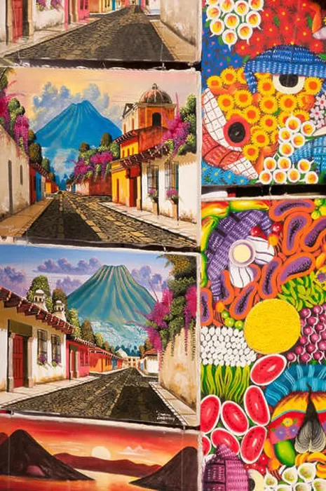 Framed Print : Mayan oil paintings, naive style, Panajachel, Guatemala Framed Print : Mayan oil paintings, naive style, Panajachel, Guatemala