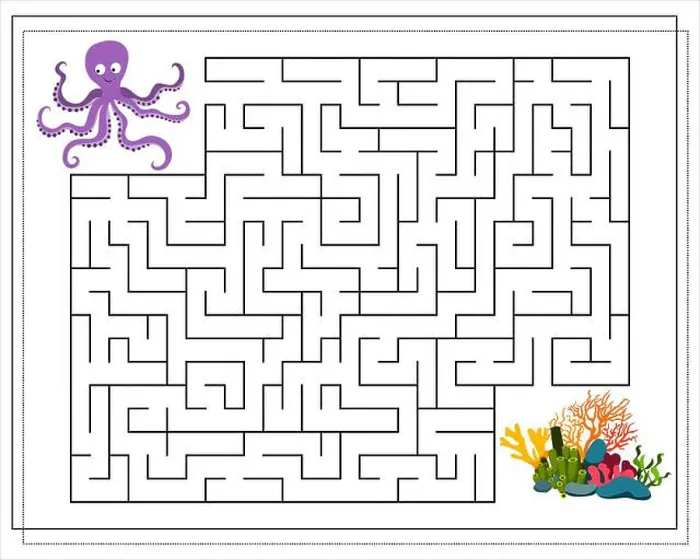 Framed Print : A maze game for kids. Guide the octopus through the maze to the corals. Vector isolated on a white background