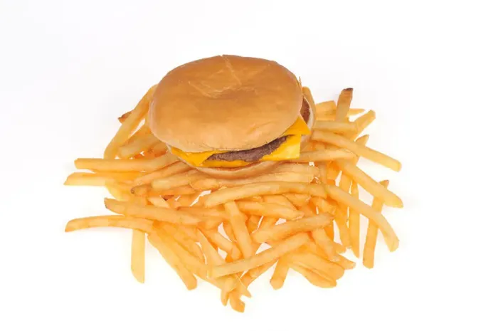 Framed Print : McDonald's double cheeseburger and french fries or chips on white background cutout USA