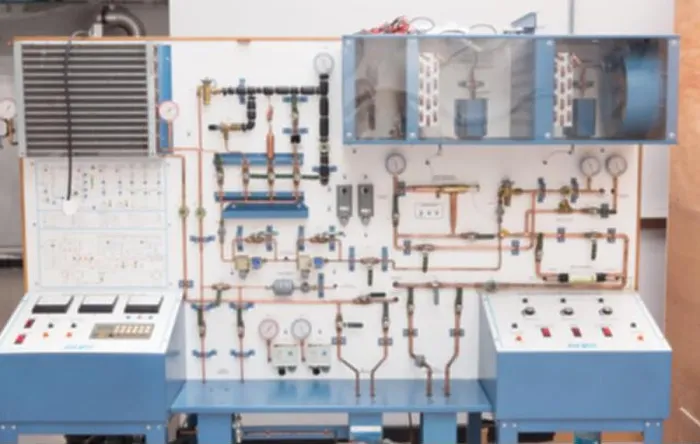 Framed Print : Mechanical training panel is showing copper pipes, gauges, consoles, clear housings in flat design Framed Print : Mechanical training panel is showing copper pipes, gauges, consoles, clear housings in flat design