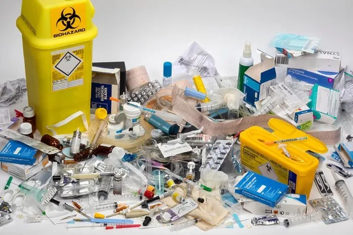 Framed Print : Medical Waste - Disposal of some of the many use once plastic, paper, cardboard, glass and metal items used in modern medicine Framed Print : Medical Waste - Disposal of some of the many use once plastic, paper, cardboard, glass and metal items used in modern medicine