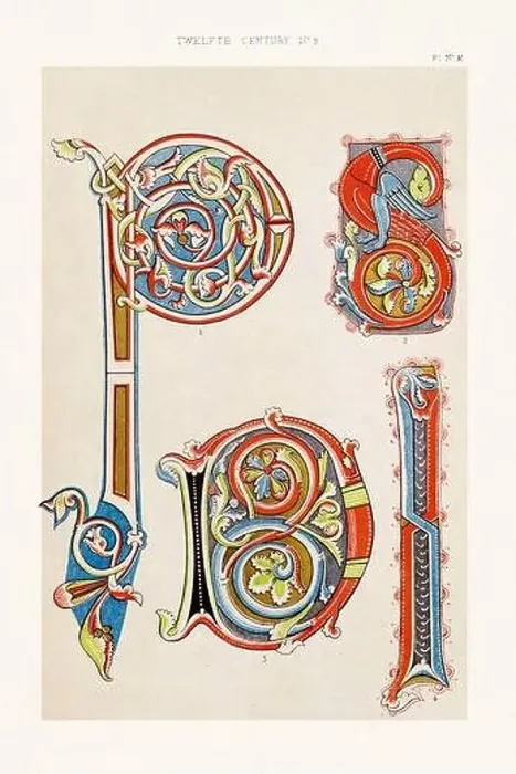 Framed Print : Medieval alphabet initials and ornaments in the style of illuminated art