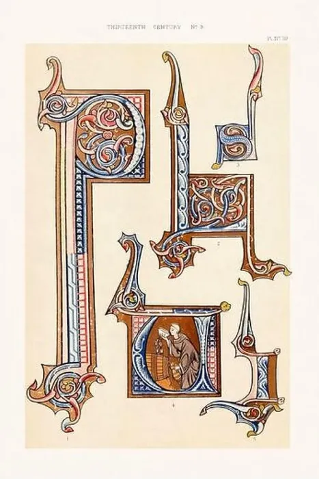 Framed Print : Medieval alphabet initials and ornaments in the style of illuminated art Framed Print : Medieval alphabet initials and ornaments in the style of illuminated art