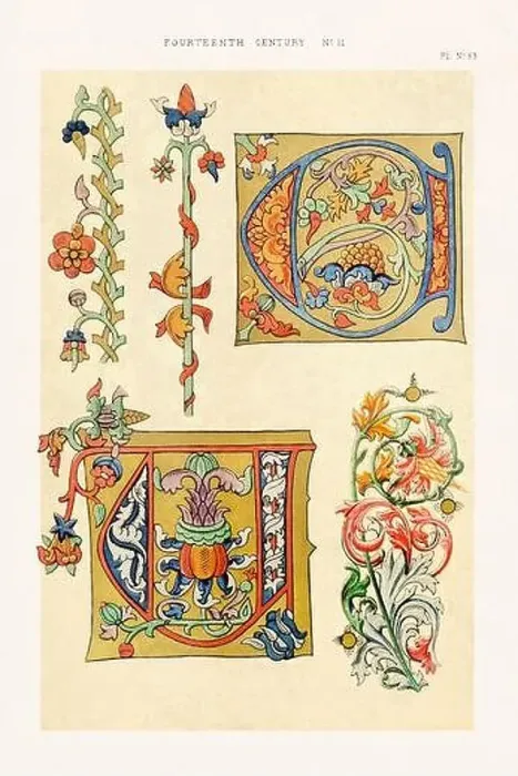 Framed Print : Medieval alphabet initials and ornaments in the style of illuminated art Framed Print : Medieval alphabet initials and ornaments in the style of illuminated art