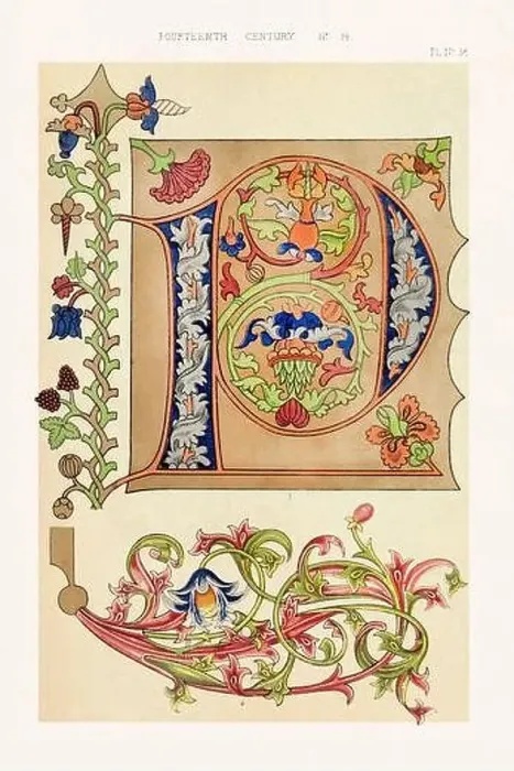 Framed Print : Medieval alphabet initials and ornaments in the style of illuminated art Framed Print : Medieval alphabet initials and ornaments in the style of illuminated art