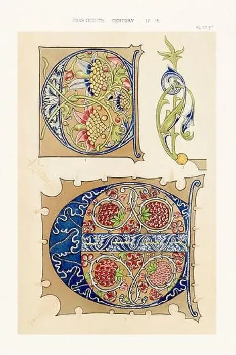 Framed Print : Medieval alphabet initials and ornaments in the style of illuminated art