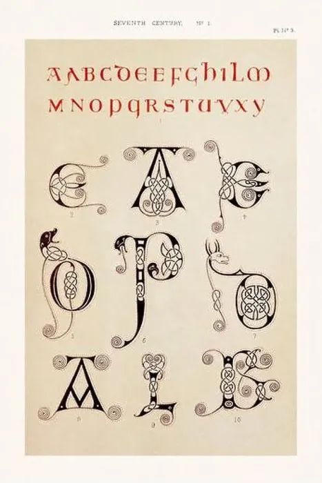 Framed Print : Medieval alphabet initials and ornaments in the style of illuminated art Framed Print : Medieval alphabet initials and ornaments in the style of illuminated art