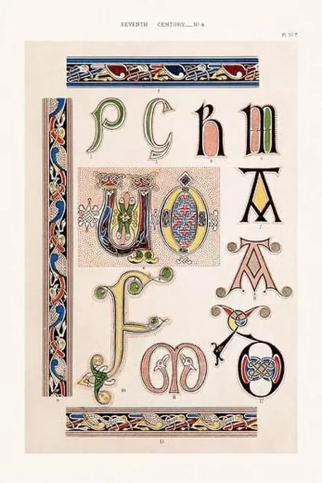 Framed Print : Medieval alphabet initials and ornaments in the style of illuminated art Framed Print : Medieval alphabet initials and ornaments in the style of illuminated art
