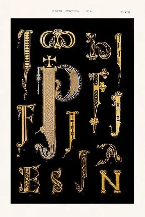 Framed Print : Medieval alphabet initials and ornaments in the style of illuminated art