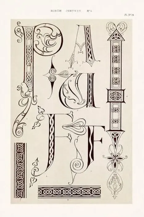 Framed Print : Medieval alphabet initials and ornaments in the style of illuminated art Framed Print : Medieval alphabet initials and ornaments in the style of illuminated art